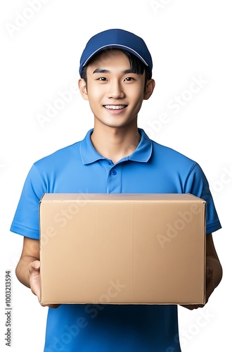 Smiling delivery man holding cardboard box, isolated on white background