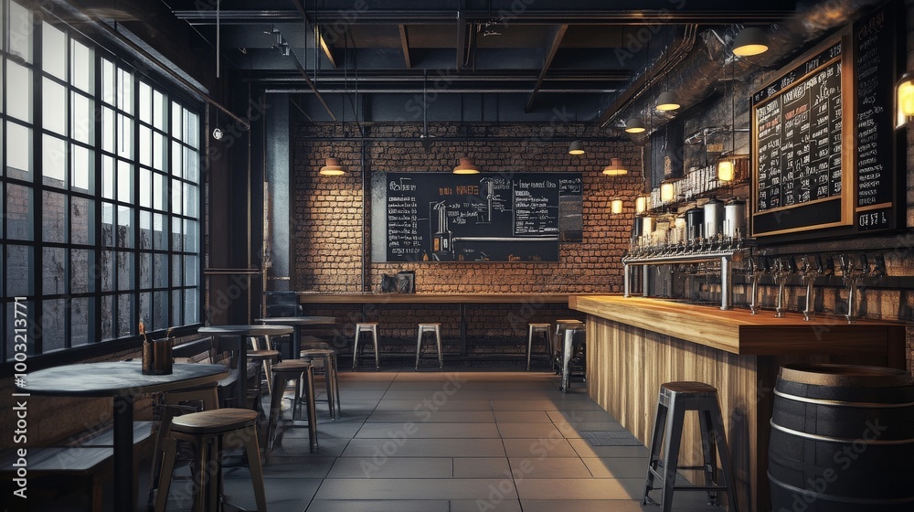 Cozy and Rustic Pub Interior with Brick Walls and Wooden Furnishings Cozy and Rustic Pub Interior with Brick Walls and Wooden Furnishings
