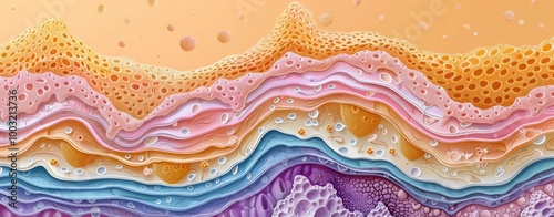 Abstract colorful wavy pattern with layered textures.