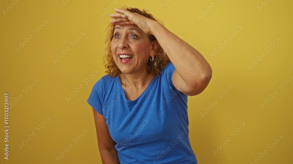 Woman in middle age, hispanic, wearing blue t-shirt, standing far, looking away, happy in search over isolated yellow background Woman in middle age, hispanic, wearing blue t-shirt, standing far, looking away, happy in search over isolated yellow background
