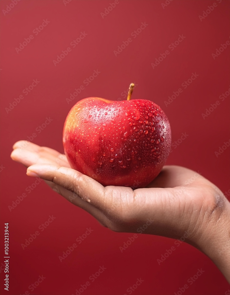 Female hand holding fresh red apple with water drops isolated on red pastel background Female hand holding fresh red apple with water drops isolated on red pastel background