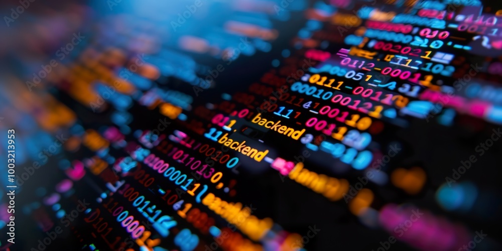 Close-up of colorful programming code with binary digits and backend text on a digital screen Close-up of colorful programming code with binary digits and backend text on a digital screen