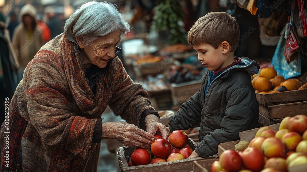 Fototapeta premium old women and a child with apples at the market