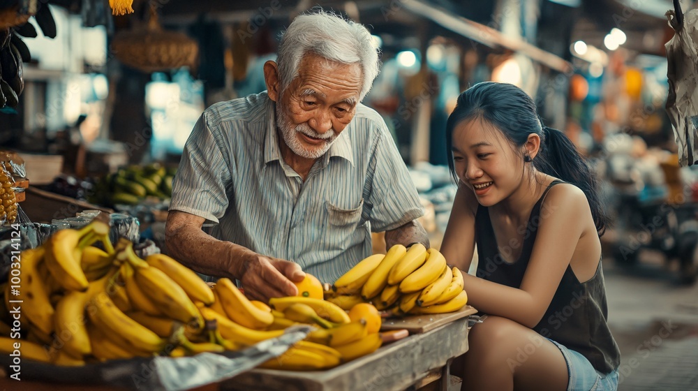 old man and a women with bananas at the market old man and a women with bananas at the market