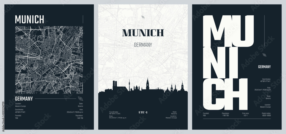 Obraz premium Set of travel posters with Munich, detailed urban street plan city map, Silhouette city skyline, vector artwork, set 2