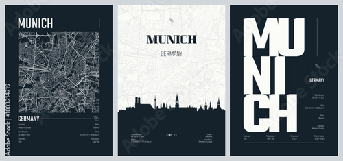 Set of travel posters with Munich, detailed urban street plan city map, Silhouette city skyline, vector artwork, set 2