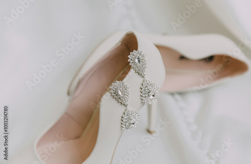 A pair of earrings are on a white shoe. The earrings are made of gold and diamonds photo