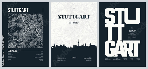 Set of travel posters with Stuttgart, detailed urban street plan city map, Silhouette city skyline, vector artwork, set 2