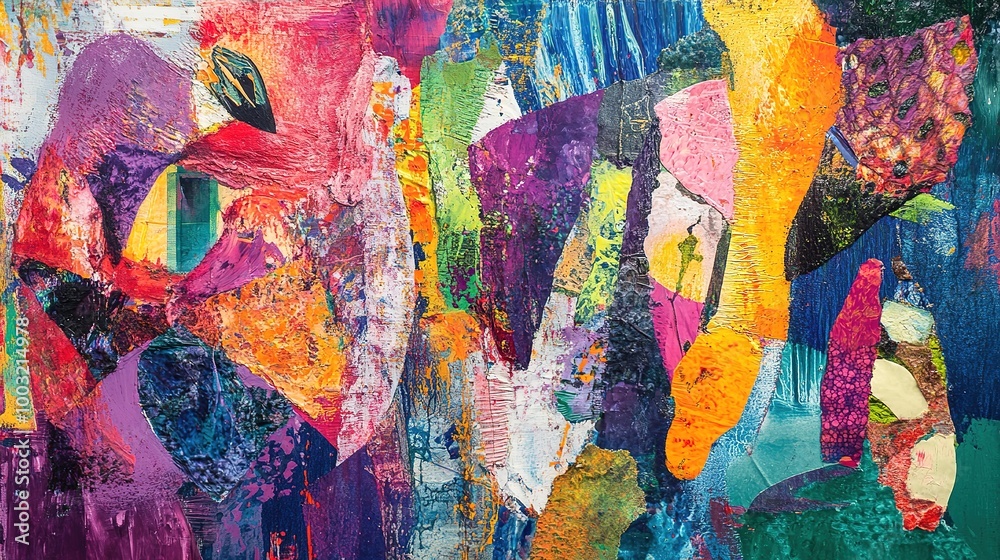 Fototapeta premium A mixed media artwork combining vibrant acrylic paints and textured materials on a large canvas, creating a visually striking composition