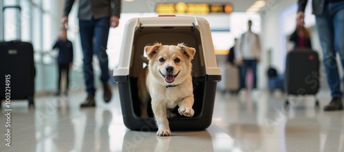 At an airport a cute dog travels with its pet carrier in a neural network-style illustration photo