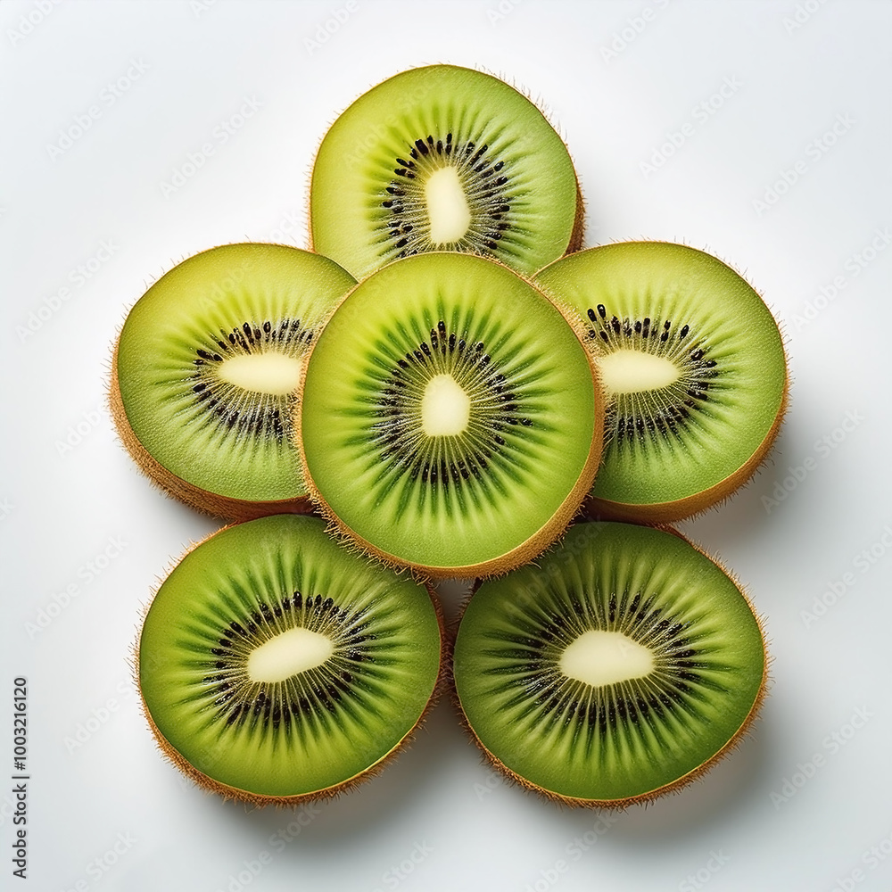 Fototapeta premium Five slices of kiwi with stacked slices, showing an interesting pattern, on a white background