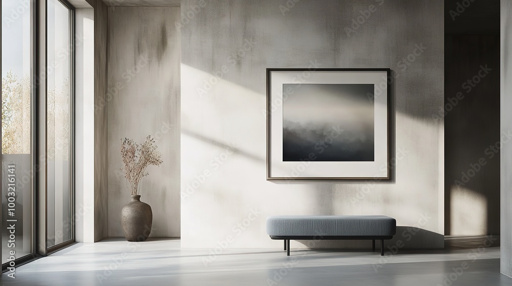 A minimalist frame with a thin metallic finish, displaying a contemporary photography series in a modern gallery space