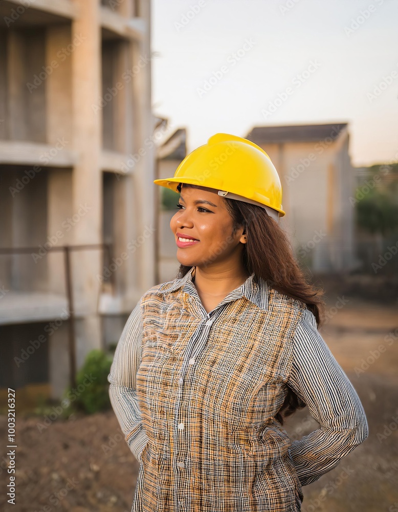 Indian engineer woman wearing a yellow hard hat and a striped shirt. She is smiling. She is standing in front of a building Indian engineer woman wearing a yellow hard hat and a striped shirt. She is smiling. She is standing in front of a building