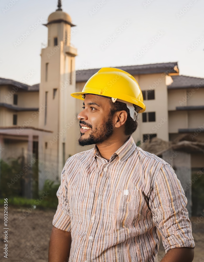 Indian engineer wearing a yellow hard hat. He is smiling. He is standing in front of a building. Security workforce Indian engineer wearing a yellow hard hat. He is smiling. He is standing in front of a building. Security workforce