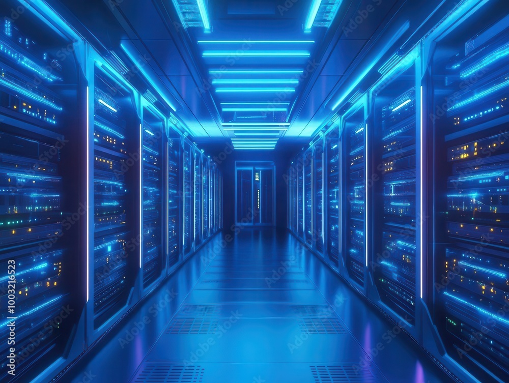 Fototapeta premium futuristic server room with rows of sleek, glowing equipment. cool blue lighting and high-tech atmosphere.