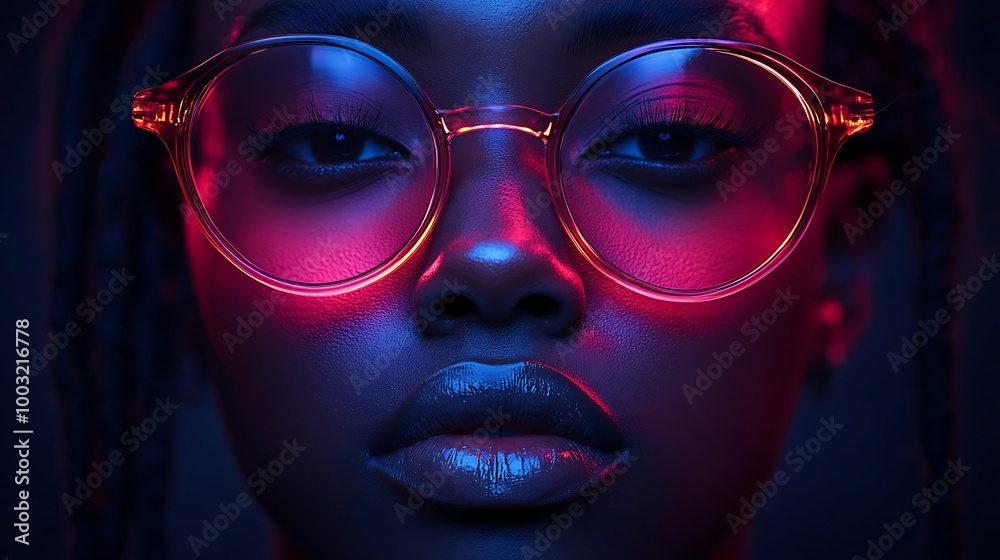 Close up portrait of young black woman wearing round glasses under pink and blue neon light Close up portrait of young black woman wearing round glasses under pink and blue neon light
