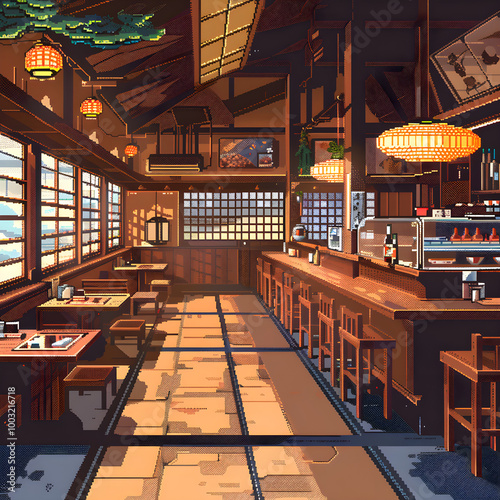 pixel art of a sushi restaurant interior