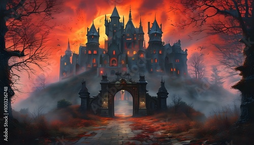 Haunted Vampire Castle on Hill with Blood Red Sky, Bats Swarming, Misty Entrance, and Bare Trees Nearby photo