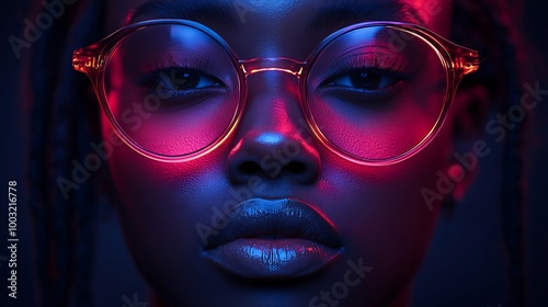 Close up portrait of young black woman wearing round glasses under pink and blue neon light