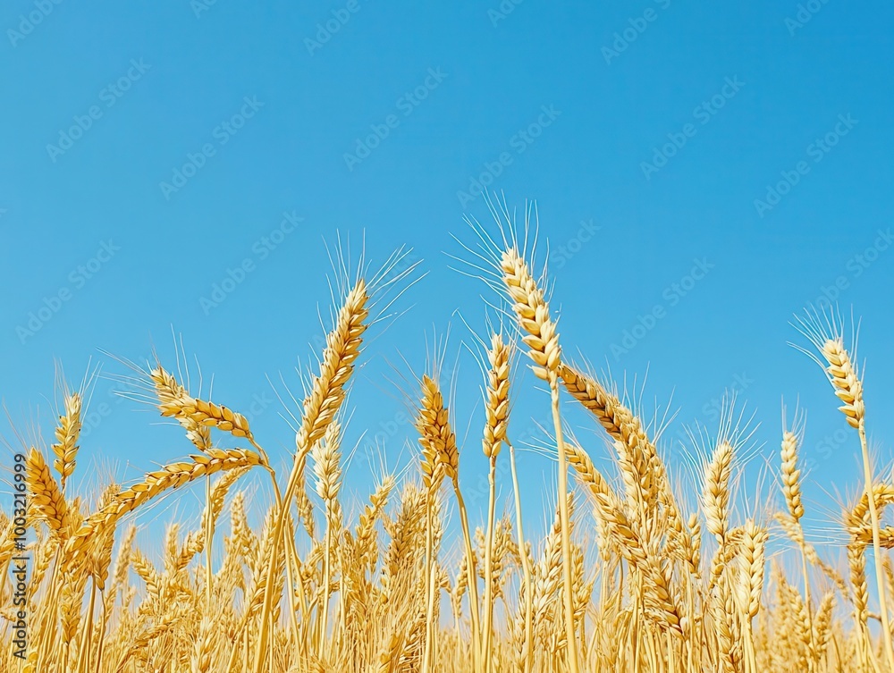 golden wheat field under a brilliant blue sky. close-up of ripe ears with intricate detail, showcasing the beauty and abundance of the harvest against a pure white background.