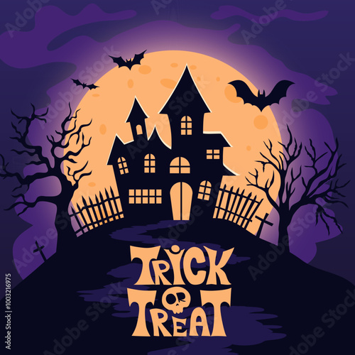 Haunted house on a hill with a full moon glowing in the background, surrounded by bats, barren trees, graveyard