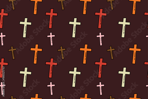 Seamless pattern of simple vector doodle halloween crosses on dark brown background	