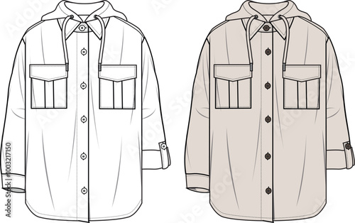Unisex Hooded Shacket- Technical fashion illustration. Front, ecru, and white color. Unisex CAD mock-up