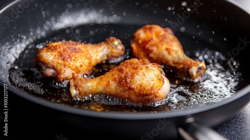 Golden, crispy Korean chicken drumsticks frying in a traditional Korean-style pan. Fry Korean-style crispy golden chicken drumsticks in a traditional pan.