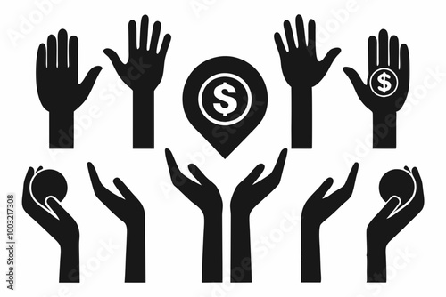Set of silhouette black Hand with Dollar Coin line icon. Charity and Donation Concept. Financial Help for Needy. Sponsorship Supporter Linear Icon. Editable Stroke. Vector illustration