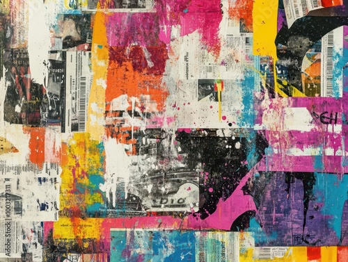 grunge-style collage of colorful newspaper and magazine clippings, layered with abstract paint splatters and street art elements