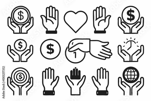 Set of silhouette black Hand with Dollar Coin line art icon. Charity and Donation Concept. Financial Help for Needy. Sponsorship Supporter Linear Icon. Editable Stroke. Vector illustration