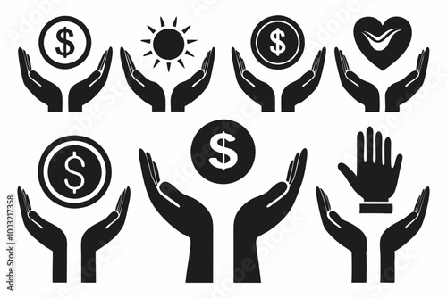 Set of silhouette black Hand with Dollar Coin line icon. Charity and Donation Concept. Financial Help for Needy. Sponsorship Supporter Linear Icon. Editable Stroke. Vector illustration