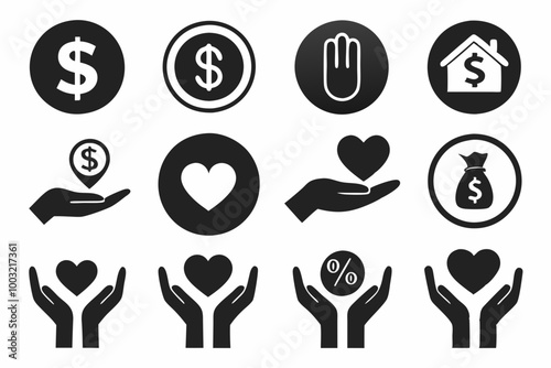 Set of silhouette black Hand with Dollar Coin line icon. Charity and Donation Concept. Financial Help for Needy. Sponsorship Supporter Linear Icon. Editable Stroke. Vector illustration