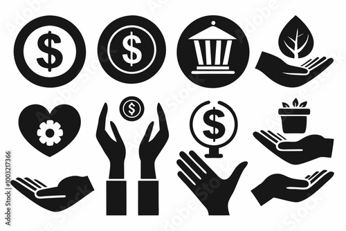 Set of silhouette black Hand with Dollar Coin line icon. Charity and Donation Concept. Financial Help for Needy. Sponsorship Supporter Linear Icon. Editable Stroke. Vector illustration