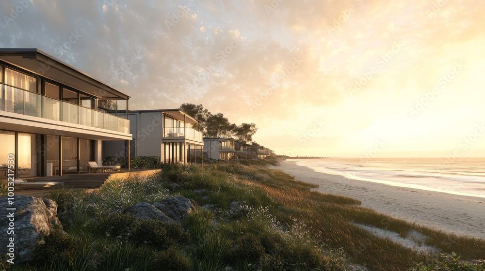 Coastal Luxury Beach Houses Overlooking the Vast Ocean at Sunset Coastal Luxury Beach Houses Overlooking the Vast Ocean at Sunset