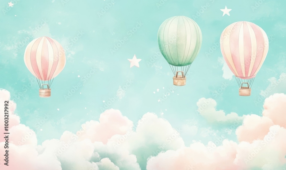 Fototapeta premium For a childish design, this seamless wallpaper has clouds, rainbows, and mountains. Blue and beige pastel colors are used.
