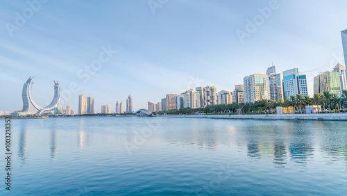 the newly developed lusail city with winter wonderland and crescent tower in the background. photo