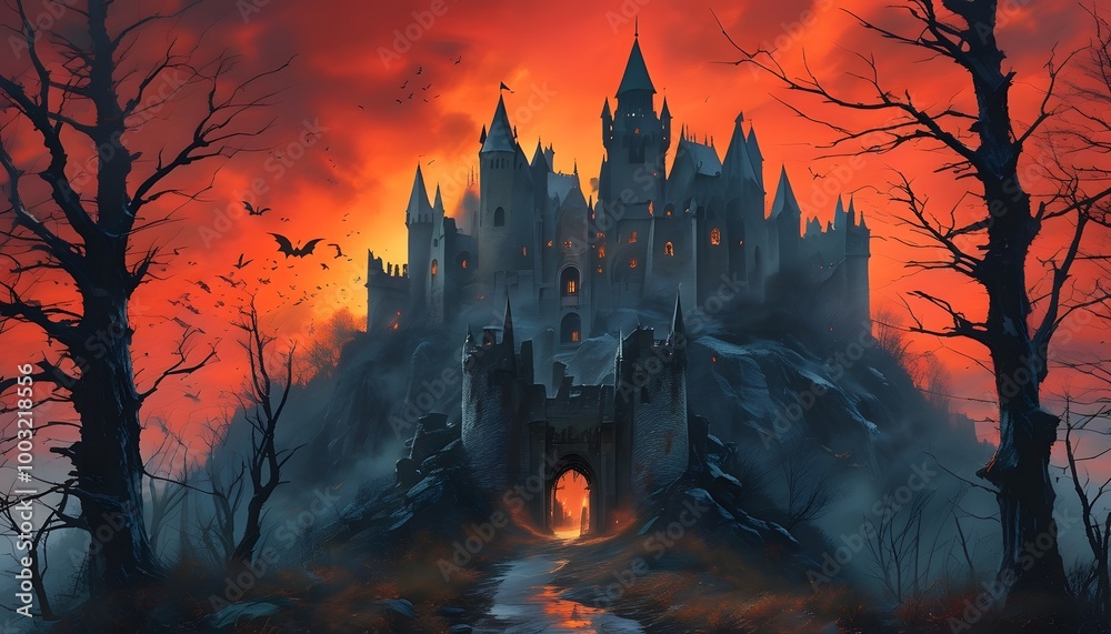 Vampire Castle at Dusk on a Hill with Blood Red Sky, Bats Flying, Misty Entrance, and Bare Trees Surrounding Vampire Castle at Dusk on a Hill with Blood Red Sky, Bats Flying, Misty Entrance, and Bare Trees Surrounding