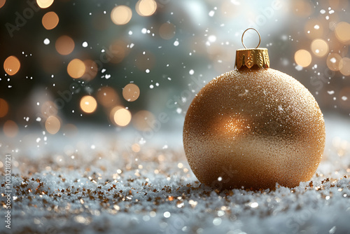 Sparkling big gold bronze Christmas tree ball, snow-covered ground, warm golden bokeh lights, cozy glow, new year, greeting card, open space, product shot, decor, new year