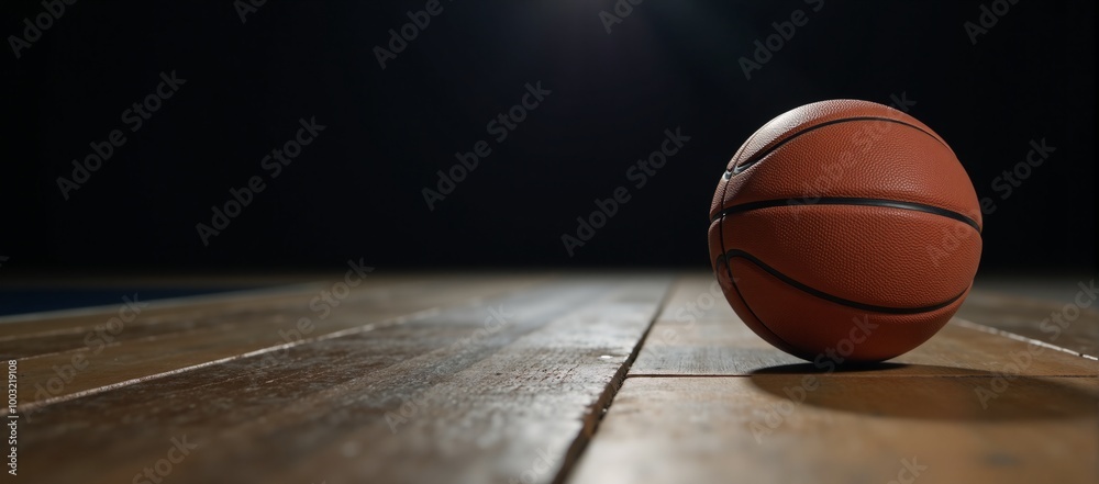 Dimly-lit room reveals a solitary basketball on worn wooden floor