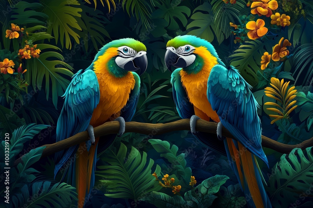 A tropical rainforest with parrots. Stock illustration. A tropical rainforest with parrots. Stock illustration.