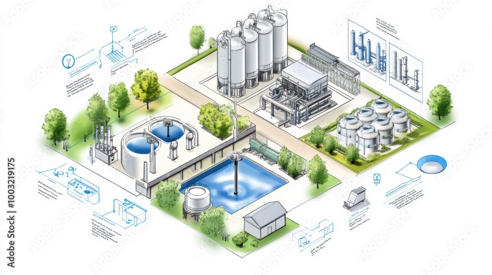Industrial Water Treatment Facility Illustration