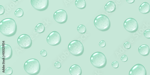 Mint serum drops background, transparent gel droplets, realistic glossy liquid, moisturizing cosmetic product, hyaluronic acid or fresh gel toothpaste concept. Vector illustration.