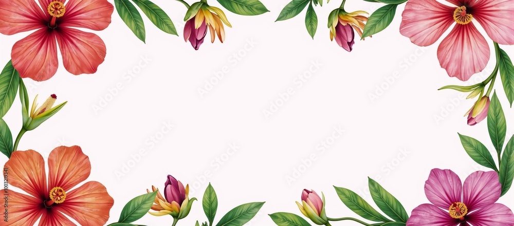 Watercolor illustration featuring vibrant tropical blooms on a backdrop ideal for greeting and wedding cards