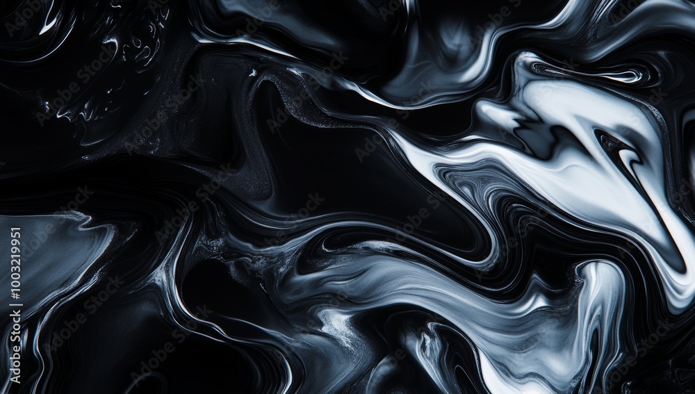 The wallpaper features a beautiful black and white swirl with white particles. Elegant acrylic pour wallpaper. Stock image. The wallpaper features a beautiful black and white swirl with white particles. Elegant acrylic pour wallpaper. Stock image.
