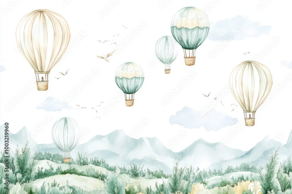 Obraz premium Illustration of children's watercolor background with seamless pattern and balloons flying in the sky.