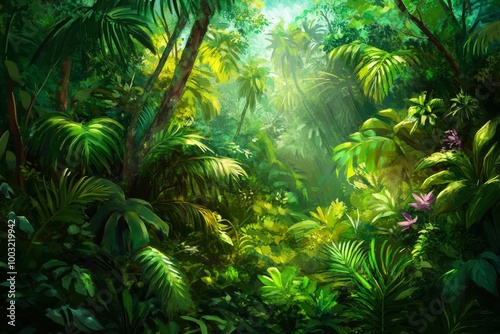 An illustration of a lush green jungle wallpaper, generated by stock