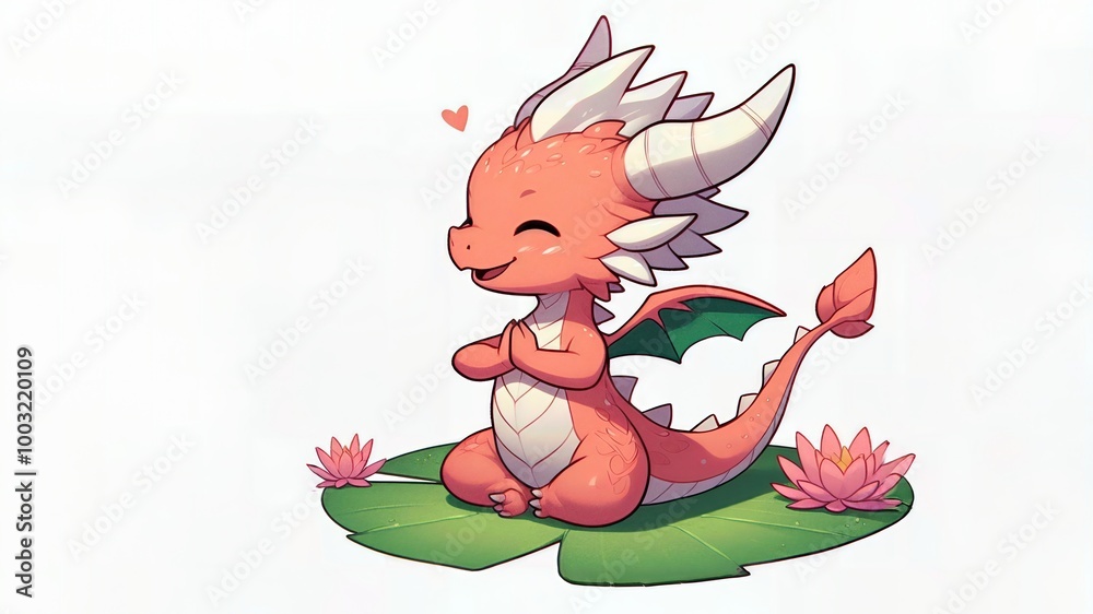 Naklejka premium Cute Baby Dragon on Lily Pad
