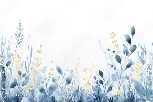 An elegant minimalistic wallpaper with dainty dainty flowers and leaves in blue, grey, and gold.