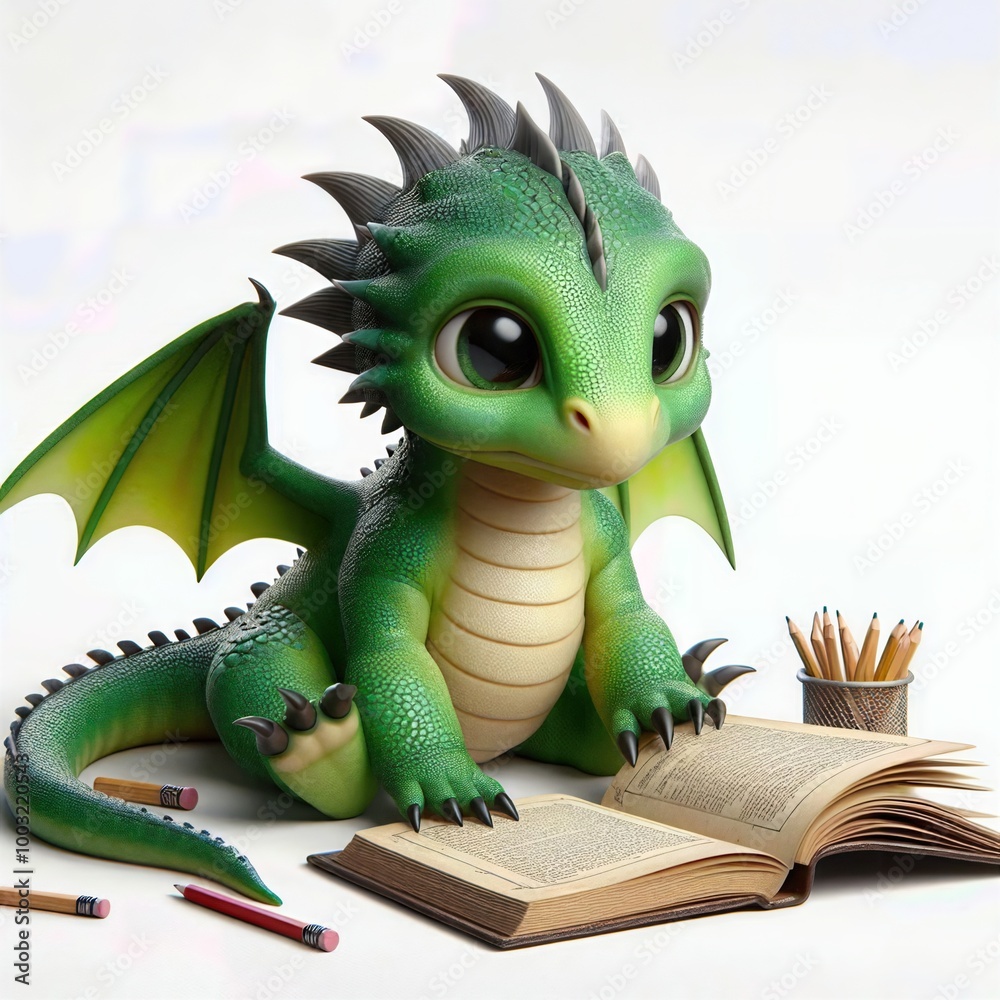 Fototapeta premium Cute Baby Dragon Reading